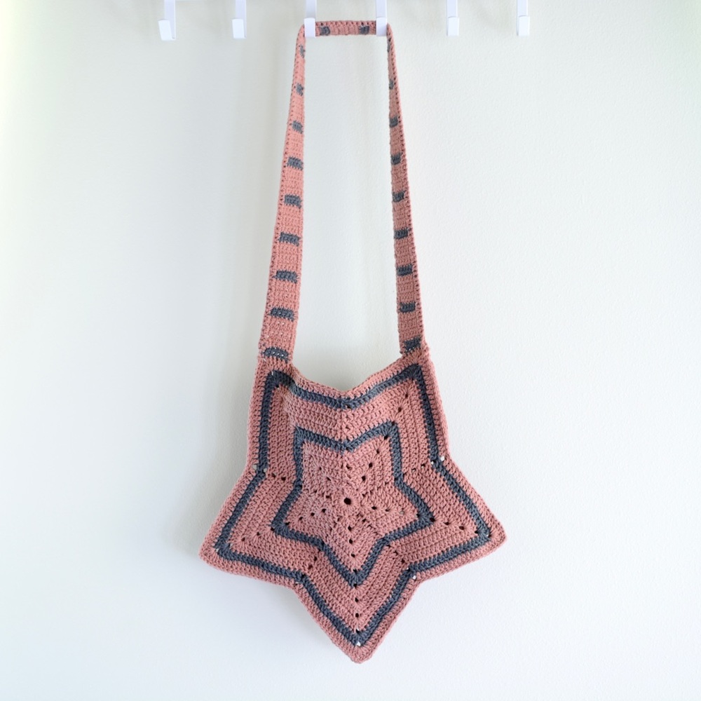 New Handmade Crochet Star Bag Purse Pink Gray L - Picture 3 of 5
